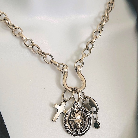Jewelry - Silver Charm Necklace with Lion and Cross Pendants